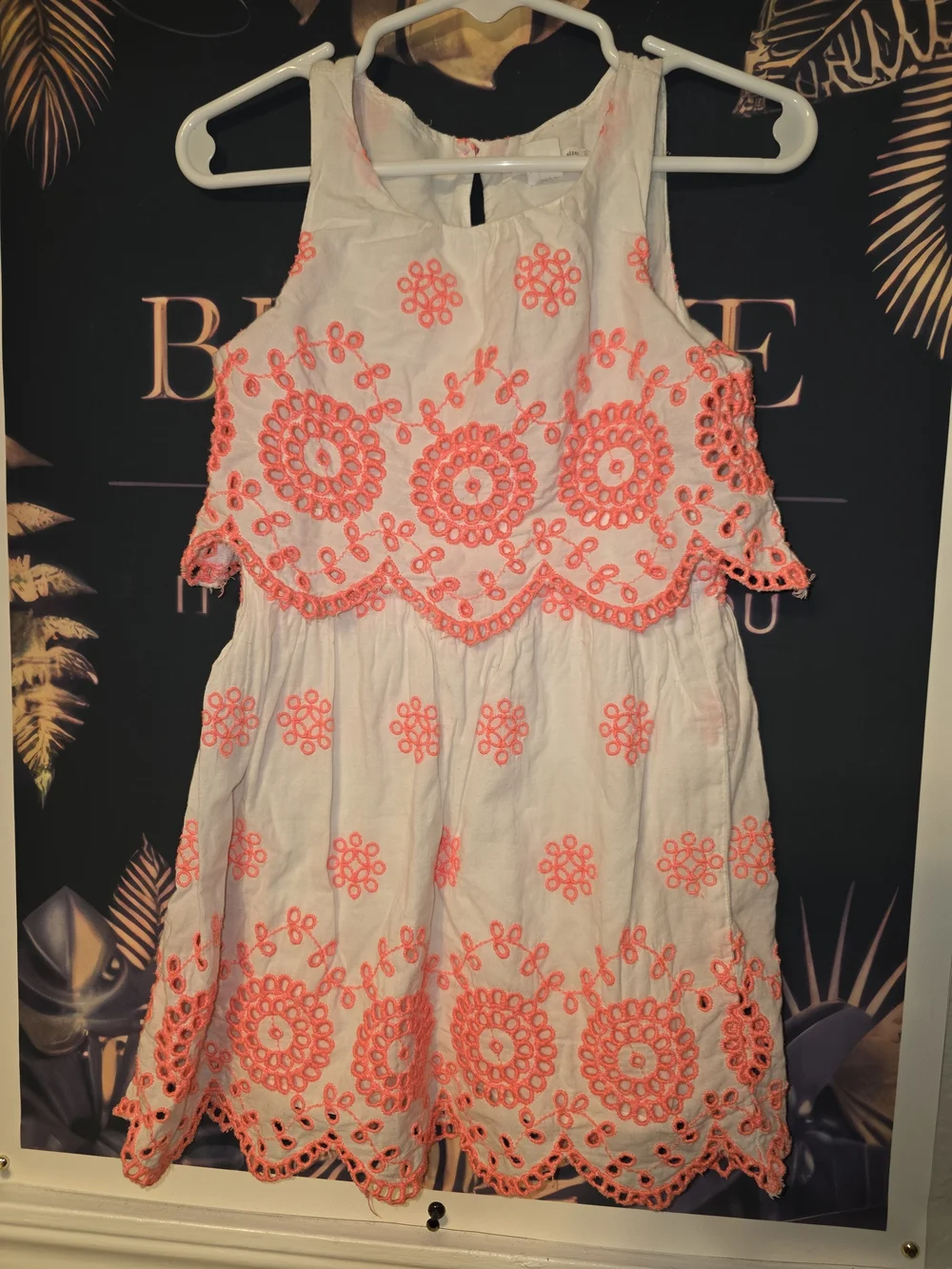 Crewcuts White Dress with Neon Coral Eyelet Embroidery